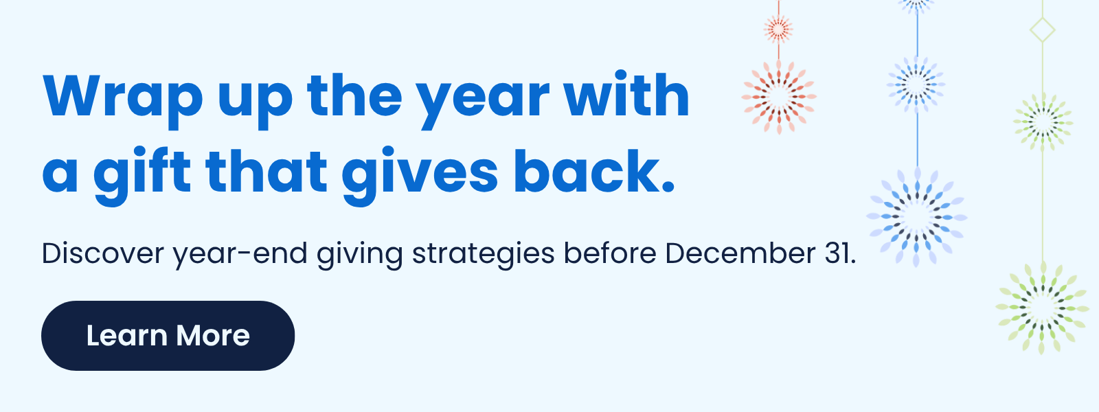 graphic that reads "Wrap up the year with a gift that gives back. Discover year-end giving strategies before December 31. Learn more."