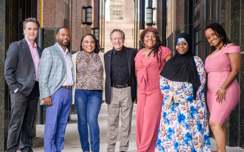 Pictured left to right: Michael Washburn, Executive Director of Kentucky Waterways Alliance; C.J. Carter, Founder and Executive Director of Sharp Futures; Kristen Williams, Founder and Executive Director of Play Cousins Collective; Ron Gallo, President and CEO of the Community Foundation of Louisville; Shameka Parrish-Wright, Executive Director of VOCAL-KY; Amina Shale, Founder and Executive Director of More Than a Smile Foundation; and Meka Kpoh, Executive Director and Founder of Black Birth Justice.
