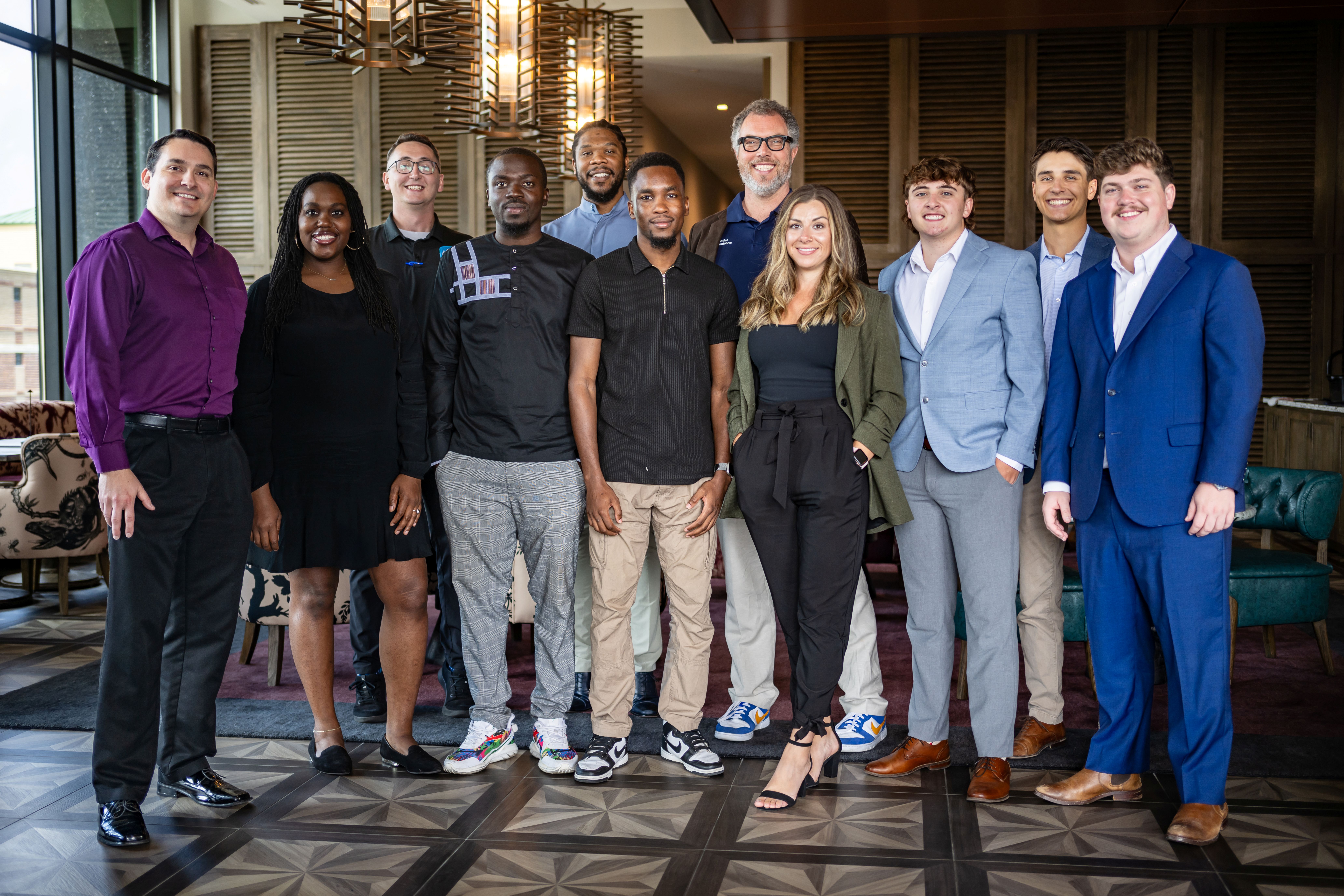 Credit: Abdul Sharif Photography Back row (left to right): Derrick Simpson and Timothy Tweet with Proper Pilots; Darius Pettway with KidVestors; Ben Reno-Weber with Essential Innovations; Ethan Havertape with Due Gooder Front row (left to right): Courtney Pettway with KidVestors; Amadou Diop and Sada Wane with Nongo; Janelle Jones with Revitalized Solutions; Finn McCormack and Nate Royal, Due Gooder Not pictured: Mamadou Soko with Nongo