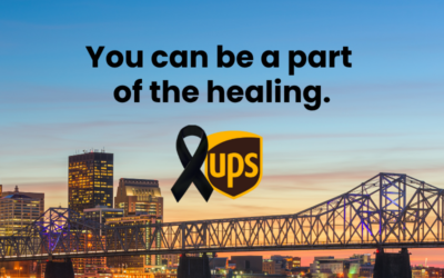 graphic that reads you can be part of the healing with the UPS logo and black ribbon overlaying the cityscape of Louisville