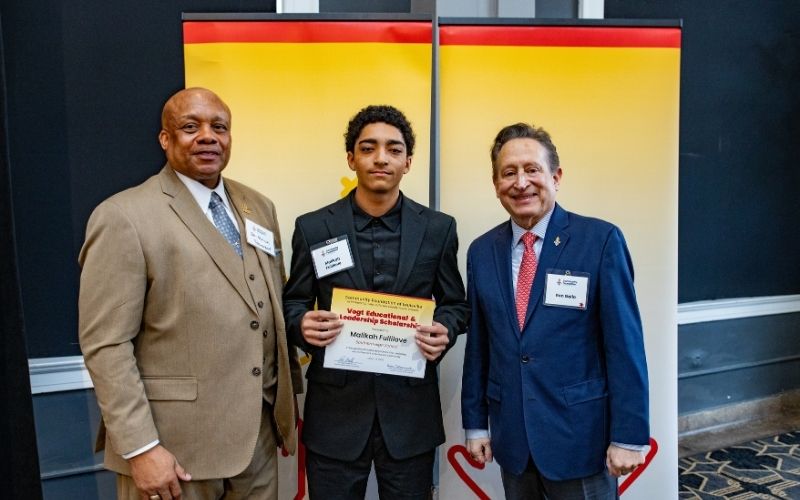 Photo featuring JCPS Superintendent Brian Yearwood, Ph.D., Vogt Scholar, Vogt Scholar Malikah Fullilove, and Community Foundation CEO & President, Ron Gallo