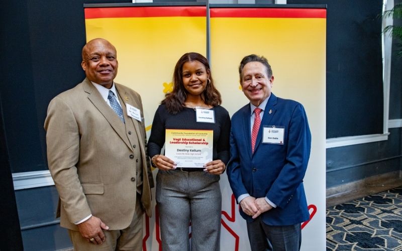 Photo featuring JCPS Superintendent Brian Yearwood, Ph.D., Vogt Scholar Destiny Kellum, and Community Foundation CEO & President, Ron Gallo