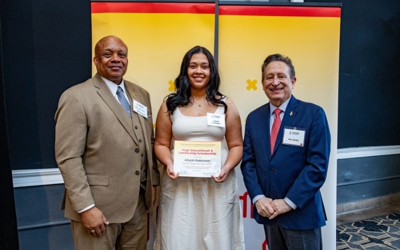Photo featuring JCPS Superintendent Brian Yearwood, Ph.D., Vogt Scholar Aliyah Robinson, and Community Foundation CEO & President, Ron Gallo