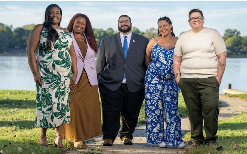 Pictured left to right: Kiara James, Executive Director, Pushing Forward, Kenya Young, President and CEO, Louisville Public Media, Ricky Santiago, Executive Director, Americana Community Center, Taylor Ryan, Founder and Executive Director, Change Today, Change Tomorrow, Missy Spears, Executive Director, Queer Kentucky